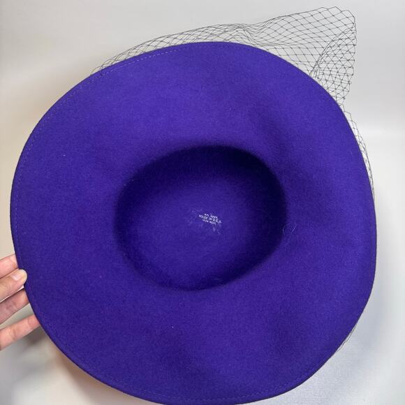 Vintage Women's Purple Hat 100% Wool Black Bow Pearls Retro Princess Made in USA - Picture 5 of 7